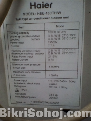 Haier 1.5 ton non-inverter AC.Model: HSU-18CTH/W